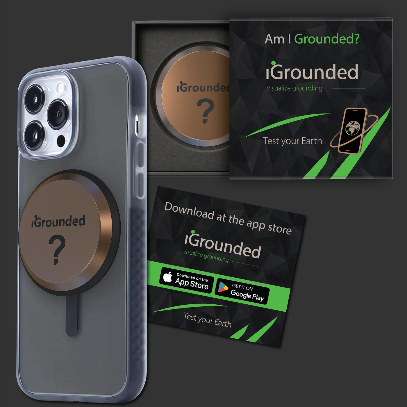 iGrounded MagSafe disc, packaging, and app